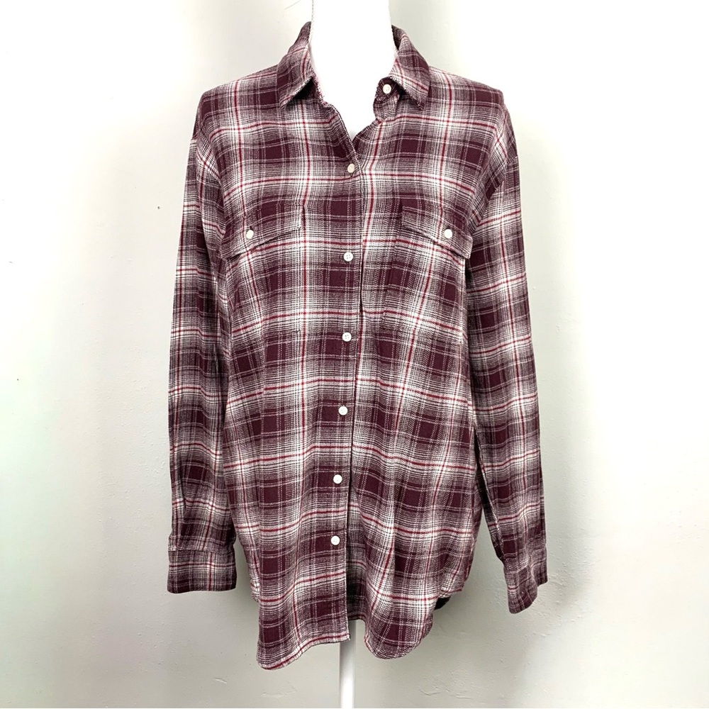 Old Navy The Boyfriend Shirt Women Size S Tall Flannel Plaid Burgundy White